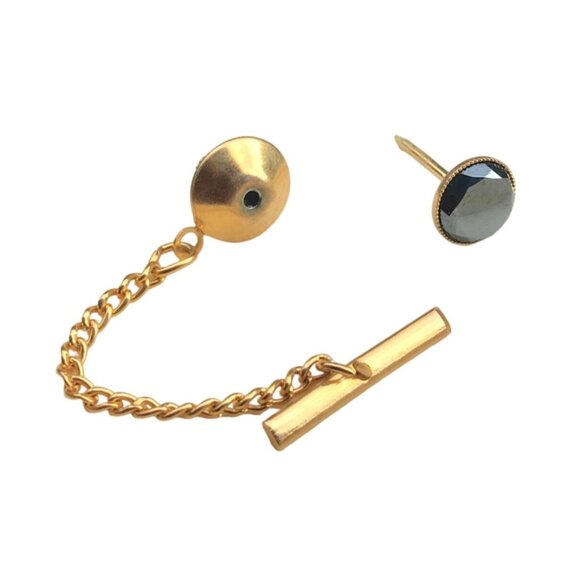Vintage Gold Tone Tie Tack With Black Stone - Picture 2 of 5